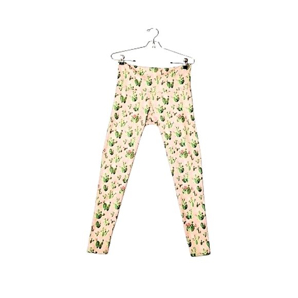 DIRTY BLONDES Cactus Leggings Peach Green Sz Medium Stretch Ankle USA - Picture 1 of 5